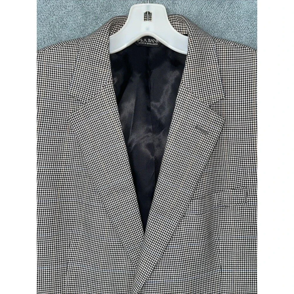 Jos A Banks Blazer Mens 44R‎ Black Silk Wool Houndstooth Plaid Buttons Career